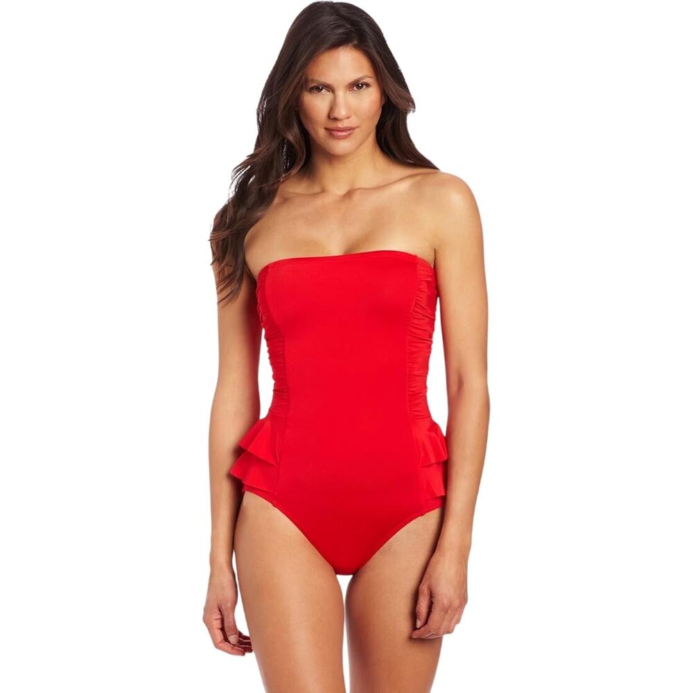 Jantzen‎ Casablanca Peplum One Piece Bandeau Swimsuit Strapless Ruffle Red 12
